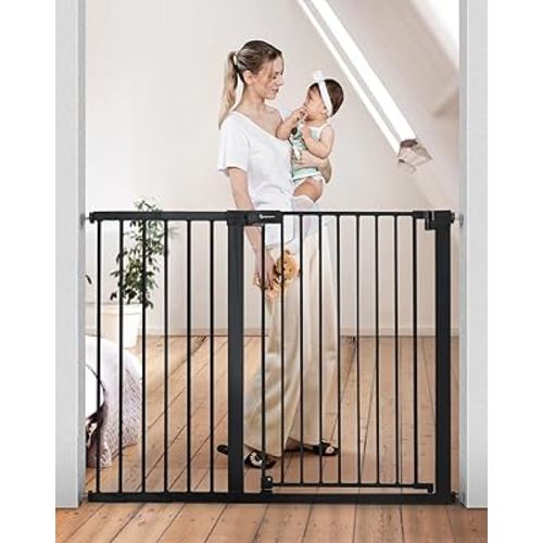 COMOMY 36" Extra Tall Baby Gate for Stairs and Doorways - Fits 29.5" to 48.8" Wide Openings, Auto Close Extra Wide Dog Gate for House, Pressure Mounted Easy Walk Through Pet With Door, Black