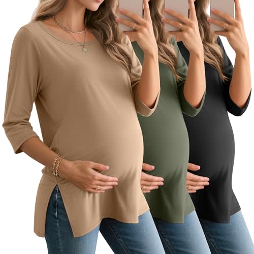 Baggyfly 3 Pack Women's 3/4 Sleeve Maternity Shirts Elbow Length Clothes Round Neck Tunics Pregnancy Loose Side Split Tops