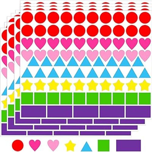 YSHIHE Multi Shape Stickers - 4032 PCS, 7 Colors, 6 Shapes (Round, Hearts, Stars, Triangle, Square, Rectangle) for Toddlers, Kids, DIY, Classroom, Office