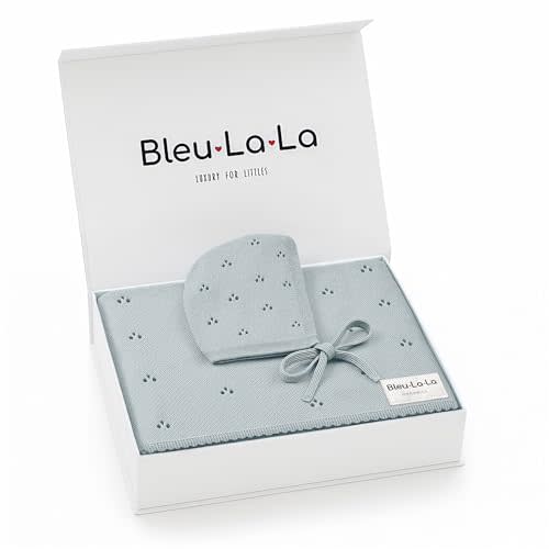 Bleu La La Organic Baby Blanket + Hat Gift Set for Boys - 100% Soft Luxury Cotton Receiving Swaddle Blanket + Bonnett Registry for Newborns & Infants (Powder Blue + Hat)