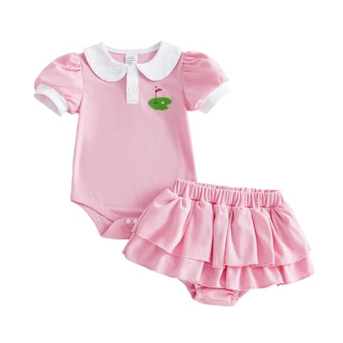 Honganda Infant Baby Girl Golf Outfit Short Sleeve Doll Collar Embroidery Romper with Ruffle Cake Smash Shorts Summer Set
