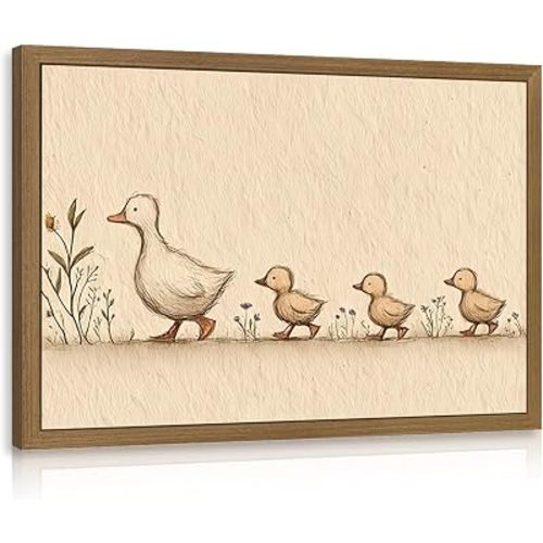VziizV Vintage Duck Family Wall Art, Neutral Nursery Wall Decor, Cottagecore Farmhouse Ducklings Artwork, Whimsical Animal Poster Print for Kids Room Bedroom Living Room Wood Framed 16x24 Inch