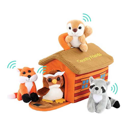 Plush Woodland Animals with Country House Carrier for Kids- 5pc- Talking Animal Interactive Toy Set- Stuffed Owl, Racoon, Fox & Squirrel