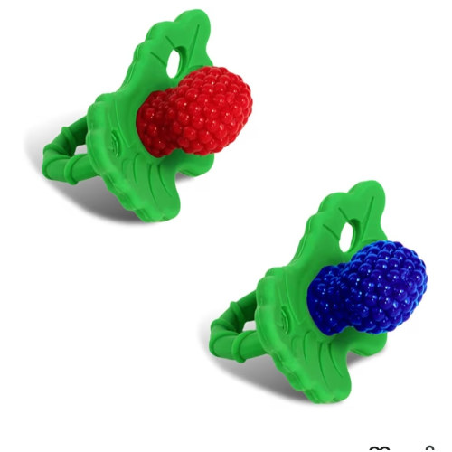 RaZbaby RaZberry Silicone Teether Pacifier – Teething Relief for Infants, Food-Grade, BPA-Free, Hands-Free, Natural Berrybumps Fruit Texture for Sensory Development, Freezable, 2-Pack - Red & Blue