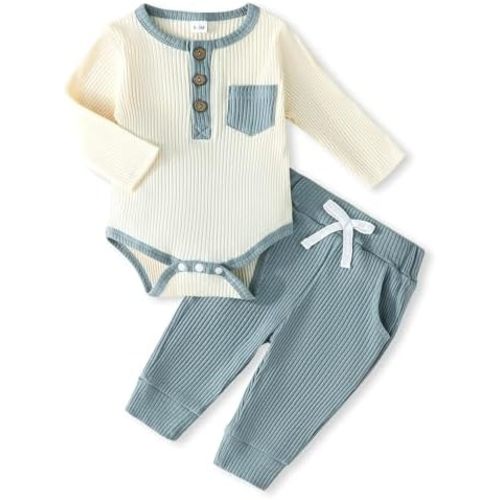 Newborn Baby Boy Clothes Ribbed Knit Cotton Long-Sleeved Romper Long Pants Splicing Color Fall Winter Outfits