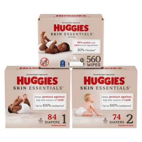 Huggies Skin Essentials 84 Count/Size 1 Disposable Diapers + 74 Count/Size 2 Disposable Diapers + 560 Count/10 Pack Baby Wipes
