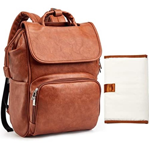 Leather Diaper Bag Backpack with Changing Mat Travel Backpack Waterproof&Insulated Large Nappy Bag Stroller Straps, Brown B, 13.8x8x18 Inch (Pack of 1), Travel Backpacks