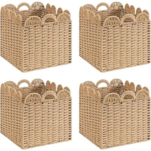 Set of 4 Scalloped Wicker Storage Cubes Basket,10.5"x10.5"x10.5" Heavy Duty Paper rope Baskets for Shelves,Bathroom, Bedroom, Laundry, Pantry