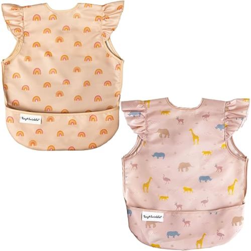 Tiny Twinkle Mess Proof Baby Bibs | 2 Pack Waterproof Toddler Bib for Eating | Baby Apron for Feeding, Machine Washable, Perfect Shower Gift (Boho Rainbow,Petite Safari, 6–24M)