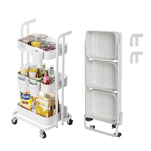 Merapi 3 Tier White Metal Foldable Rolling Cart, Utility Cart with Wheels, Hanging Cups and Hooks, Kitchen Storage Cart for Living Room, Kitchen, Bathroom, Bedroom