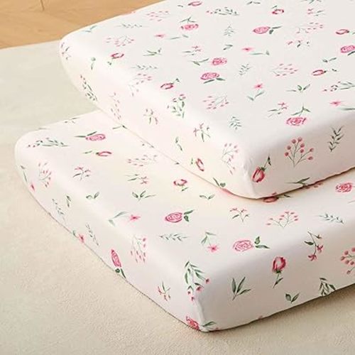 SDY Rose Floral Crib Sheets Set 2,Baby Bed Sheets for Standard Size Crib and Toddler Mattress, Comfy Breathable Jersey Fitted Crib Sheet 52"×28"×8"(Pink Floral)