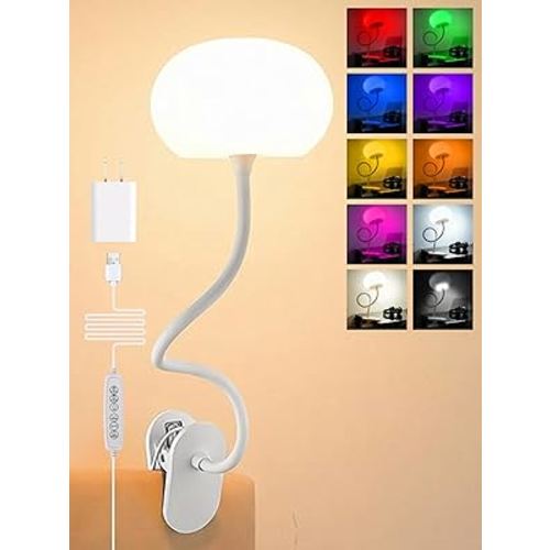 Clip on Light,10 Colors RGB & Warm White Cute Desk Lamp with Clamp, 10 Brightness Dimmable Night Light for Kids/Toddler/Baby, USB Adapter Clip on Lamp for Bedroom/Bed/Headboard/Bedside/Nursery