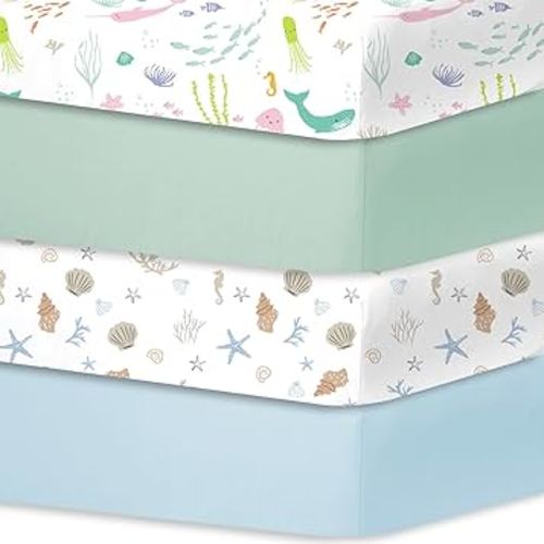 Bimocosy Crib Sheets 4 Pack, Baby Crib Sheets Fitted for Boys and Girls Breathable & Snug Fit, Soft Toddler Bed Sheets for Standard Crib Mattress Nursery Daycare Essentials, Ocean Friends
