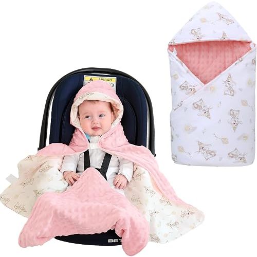 LAT LEE AND TOWN Winter Baby Car Seat Blanket-Universal CarSeat Covers for Babies,Thicken Warm Swaddle Blankets for Infants Newborn,Baby Bunting for Stroller,35"x35"(Hat Rabbit+Light Pink)