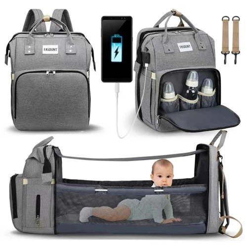 Baby Diaper Bag Backpack - Multifunctional Baby Changing Bag with USB Charging Port, Large Capacity Waterproof Travel Diaper Backpack with Changing Station (Gray)