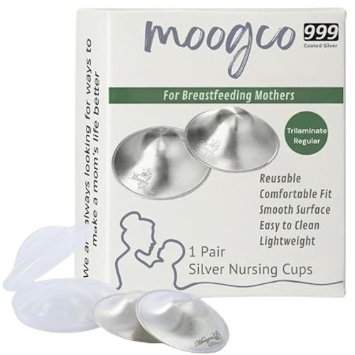 MOOGCO The Original Silver Nursing Cups - Nipple Shields for Breastfeeding Newborn - Breastfeeding Essentials - 999k Tri-Laminate Silver for Larger Sizes (X-Large, Set of 2)