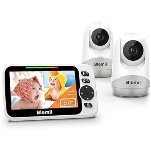 Blemil Baby Monitor with 2 Cameras and Audio 30-Hour Battery, 5" Large Split-Screen Video Baby Monitor with Camera and Audio, 3500mAh Battery, Remote Pan/Tilt/Zoom Camera, Two-Way Talk, Night Vision
