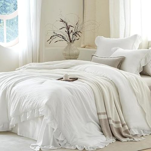 White Ruffle 3 Pieces Comforter Set King Shabby Chic Bedding Set