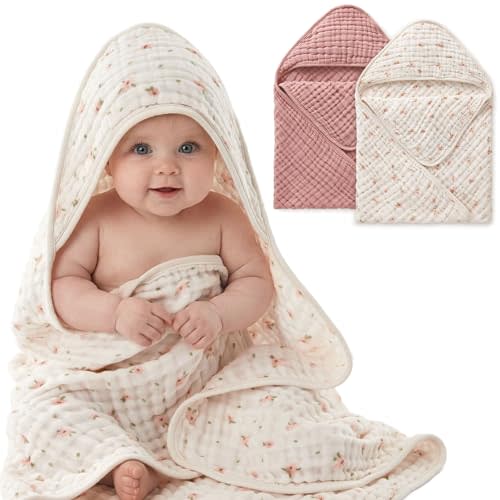 Blissful Diary Muslin Baby Hooded Towel 2 Pack, Soft & Absorbent Bath Towel for Baby Girls, Infant Gift, Newborn Essentials, Pink Floral & Light Pink