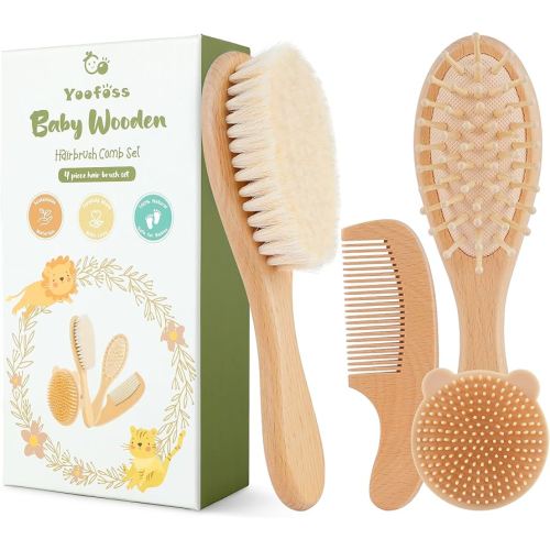 Yoofoss 4 Piece Baby Brush and Comb Set, Wooden Baby Brush with Natural Ultra Soft Goat Hair, Baby Hair Brush for Newborn, Baby Brush Set for Boy Girl