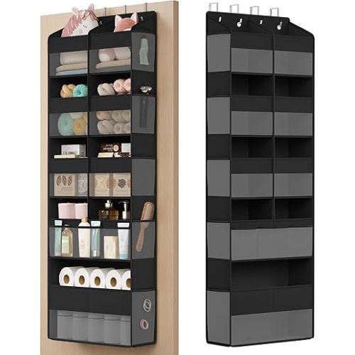 SONGMICS Over-the-Door Organizer, 9-Compartment Door Hanging Storage Shelf, Foldable Closet Hanging Organizer, Heavy-Duty, Metal Hooks, Transparent, Ink Black URDH009BH01