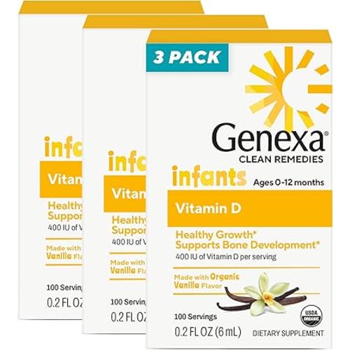 Genexa Infants Vitamin D Liquid Drops for Newborn, Baby & Toddler | Bone Development | Delicious Organic Vanilla Flavor | Certified Organic, Gluten Free, & Non-GMO | 270 Servings (3 Pack)