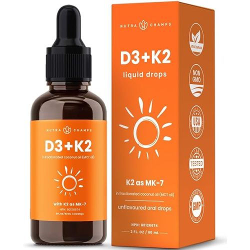 Vitamin D3 K2 Drops for Kids & Adults | 1000 IU D3 Per 0.2ml | 60ml | Liquid Vitamin D3 K2 with MK7 in MCT Oil for Better Absorption | Bone, Heart, Immune Health | Unflavoured