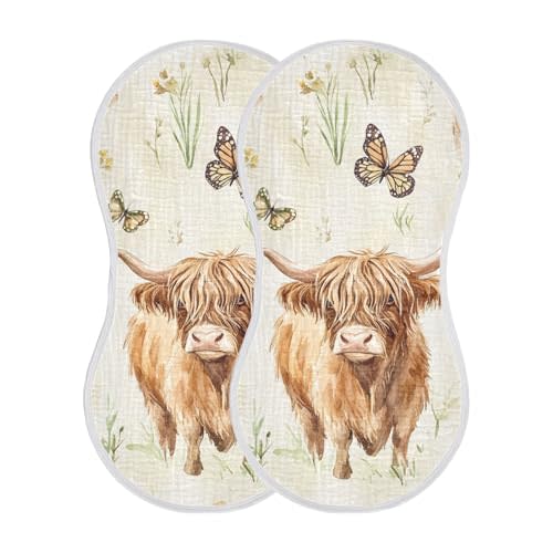 Farm Highland Cow Butterfly Burp Cloths Baby Boys Girls Absorbent Soft Cotton Burping Cloths Rags, 2 Pack