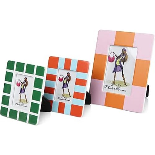 Gurfuy Set of 3 Picture Frame Tabletop - Colored Ceramic Photo Frames Table Top Display 2 of 2x3”, 1 of 3x5” Horizontal Vertical Formats for Home Hotel Decor (Can’t for Wall) Colored A