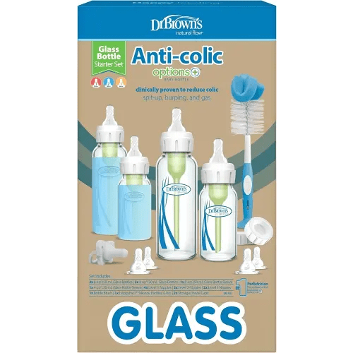 Dr. Brown's Anti-Colic Options+ Narrow Glass Baby Bottle Starter Set with Silicone Bottle Sleeves, Levels 1, 2, and 3 Nipples, Soft Touch Cleaning Brush, Storage/Travel Caps, and HappyPaci