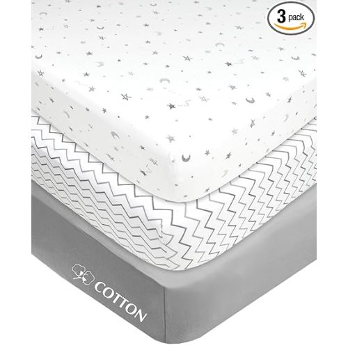 American Baby Company 3 Pack 100% Natural Cotton Fitted Mini Crib Sheets 38" x 24" - Soft & Breathable Small Nesting Portable Sheets, Fits Pack N Play Mattresses, Gray Star/Zigzag, for Boys & Girls