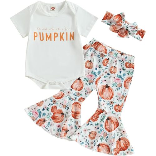 Infant Baby Girl Halloween Outfit Long Sleeve Romper Mamas Pumpkin Bell Bottoms Headband Set Cute Newborn Fall Clothes