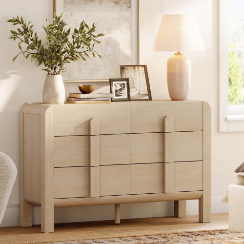 Mid Century 6 Drawer Dresser for Bedroom, Wide Modern Chest of Drawers with Curved Profile Design, Wood Closet Clothes Storage Organizer for Bedroom, Living Room