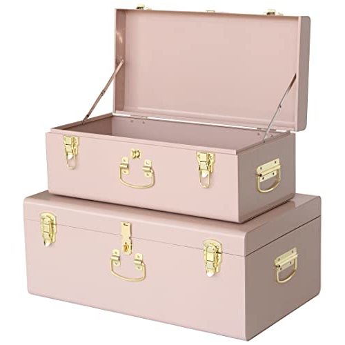 Vixdonos Decorative Metal Box Storage Trunks Set of 2 College Dorm Chest with Handle (Pink)