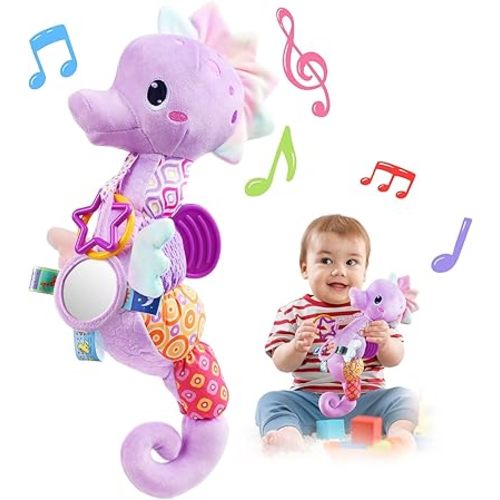 LIGHTDESIRE Baby Toys Musical Seahorse Stuffed Animals Infant Toys 0-6-12 Months with Mirror|Rattles|Crinkle|Baby Teething Toys,Sensory Toys for Tummy Time Newborn Boys Girls Gifts(Lavender Purple)