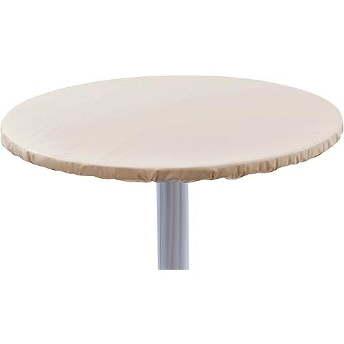 Yourtablecloth Heavy Duty Vinyl Round Fitted Tablecloth (Table Cover) with Flannel Backing Vibrant Colors Elasticized Tablecloth Great for Indoor and Outdoor Dining and Playing Cards 48” Sand