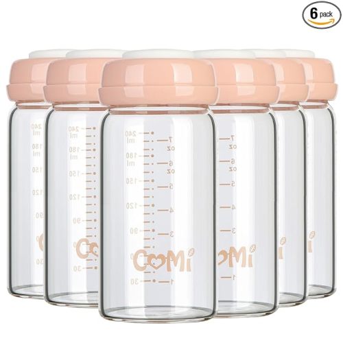 COMI Wide Neck Glass Breastmilk Collection n Storage Bottle, 8oz with Screw Ring Sealing Disk; Re-markable Sealing Disc. BPA Free, Fits Breast Pumps & Nipples (6 Pink Lids)