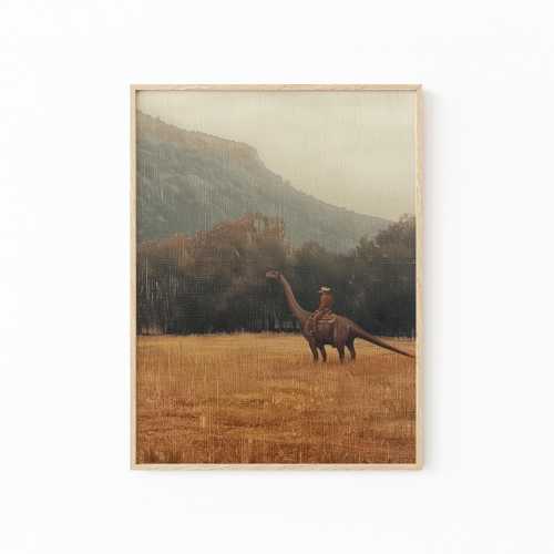 16x20 Vintage Dinosaur Cowboy Oil Painting Print | Western Jurassic Dinosaur Print | Gift for Him | Funny Decor | VDC1