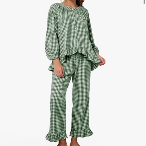 Flygo Womens Plaid Pajamas Sets 2 Piece Cotton Pj Set Puff Sleeve Ruffle Babydoll Shirt Gingham Pants Lounge Sets
