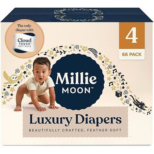 Millie Moon Luxury Diapers – Ultra Soft Cloud Touch Disposable Diapers with 12 Hour Absorbency & Wetness Indicator (4-66ct)