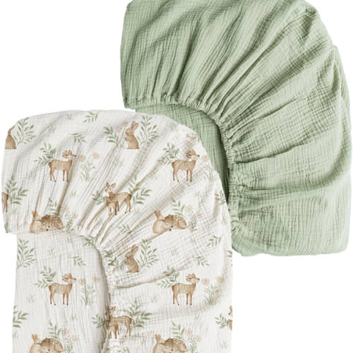 Konssy Muslin Crib Sheets 2 PCS, 100% Cotton Baby Crib Sheets for Standard Crib Mattress (28"x 52"), Soft and Breathable for Boys, Girls (Woodland,Sage)