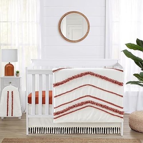 Sweet Jojo Designs Orange Boho Bohemian Girl boy Baby Crib Bedding Set Infant Nursery Blanket Fitted Sheet Skirt Diaper Stacker 4p Burnt Rust Ivory Farmhouse Shabby Chic Modern Tassel Fringe Cotton