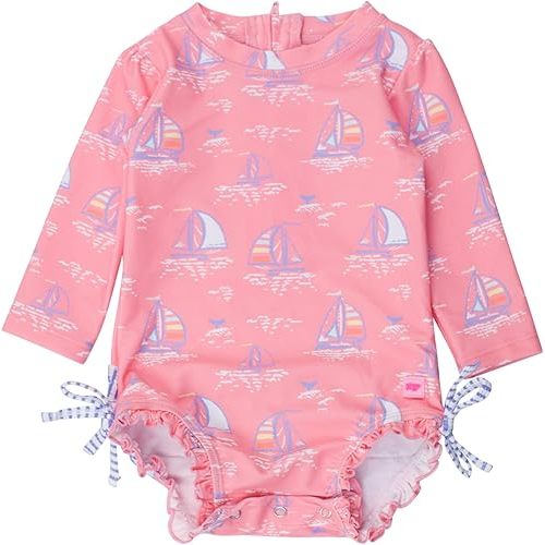 RuffleButts Baby Girls UPF 50+ Sun Protection Floral Printed Long Sleeve One Piece Rash Guard Swimsuit with Zipper