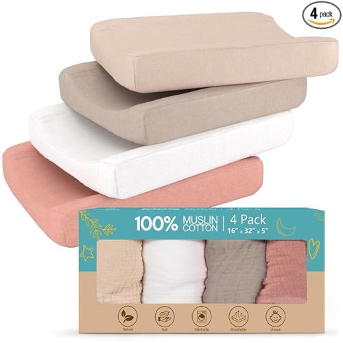 100% Muslin Changing Pad Cover Ultra Soft 120GSM Baby Changing Pad Covers for Girls and Boys - Easy wash Diaper Changing pad Cover with Low Shrinkage (4 Pack - White/Beige/Sand/Greish)