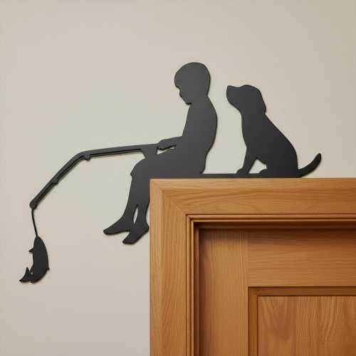 Boy & Dog Fishing Silhouette Metal Door Topper, Fantasy Silhouette Decor, Nursery and Kids Room Door Frame, Gifts for Fishing Lovers