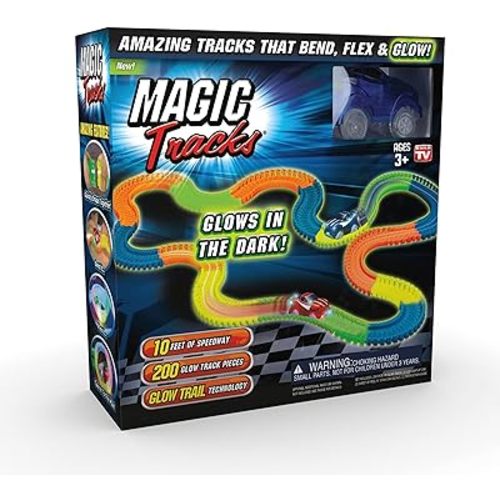 Ontel Magic Tracks 10 Foot Glow In The Dark Bendable Flexible Racetrack with LED Light-Up Race Car, Educational Playset Birthday Gift for Ages 3+