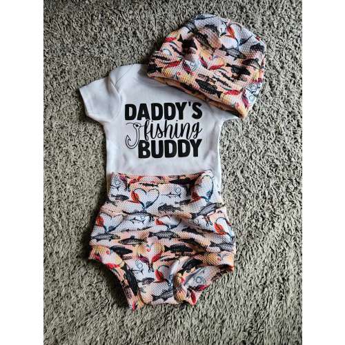 Baby Fishing Outfit: Bummies, Bodysuit & Hat Set