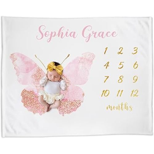 Personalized Baby Milestone Blanket, Custom Newborn Baby Girl Blanket, Butterfly Pink, Flannel Fleece, 40"x50", Swaddle, Casual, Stylish