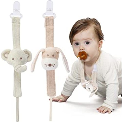 Pacifier Clip, 2 Pack Baby Pacifier Holder for Boys and Girls Fits Many Pacifiers & Baby Teething Toys, Ideal Baby Gift (Elephant&Dog)