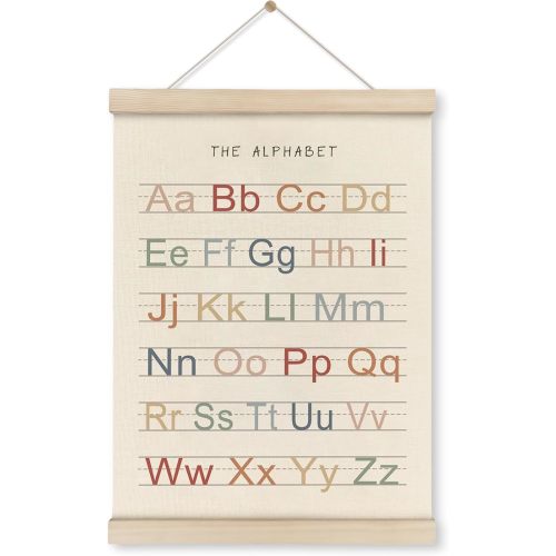 HRQKO Alphabet Numbers Poster Hanger Frame Set of 2, Nursery Wall Decor, ABC Banner Poster Wall Art with Wooden Frames, Alphabet Banner Wall Hanging Decor for Toddler Playroom Nursery, 12x16 Inch
